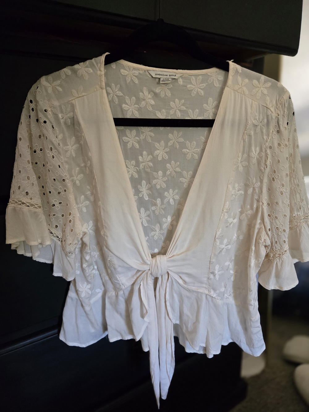 American Eagle Outfitters Cream Tie-Front Eyelet Peasant Blouse